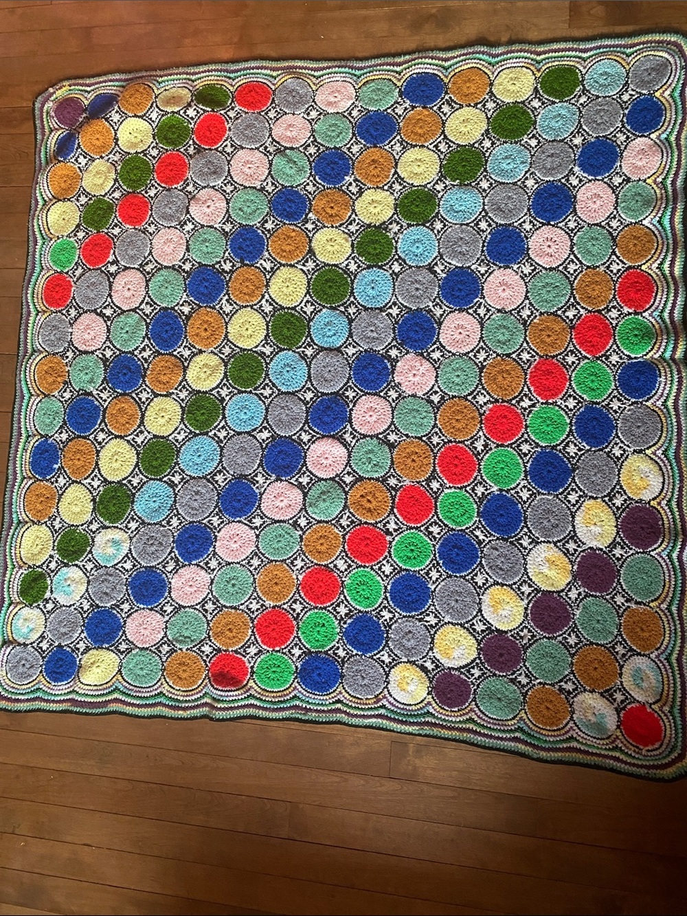 Bright Multicolor Afghan Crocheted Circle Throw 50” X 50”